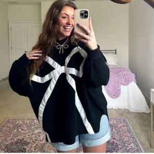 Free People x Tricia Fix Exploded Bow Black Knit Reworked Oversized Sweater S